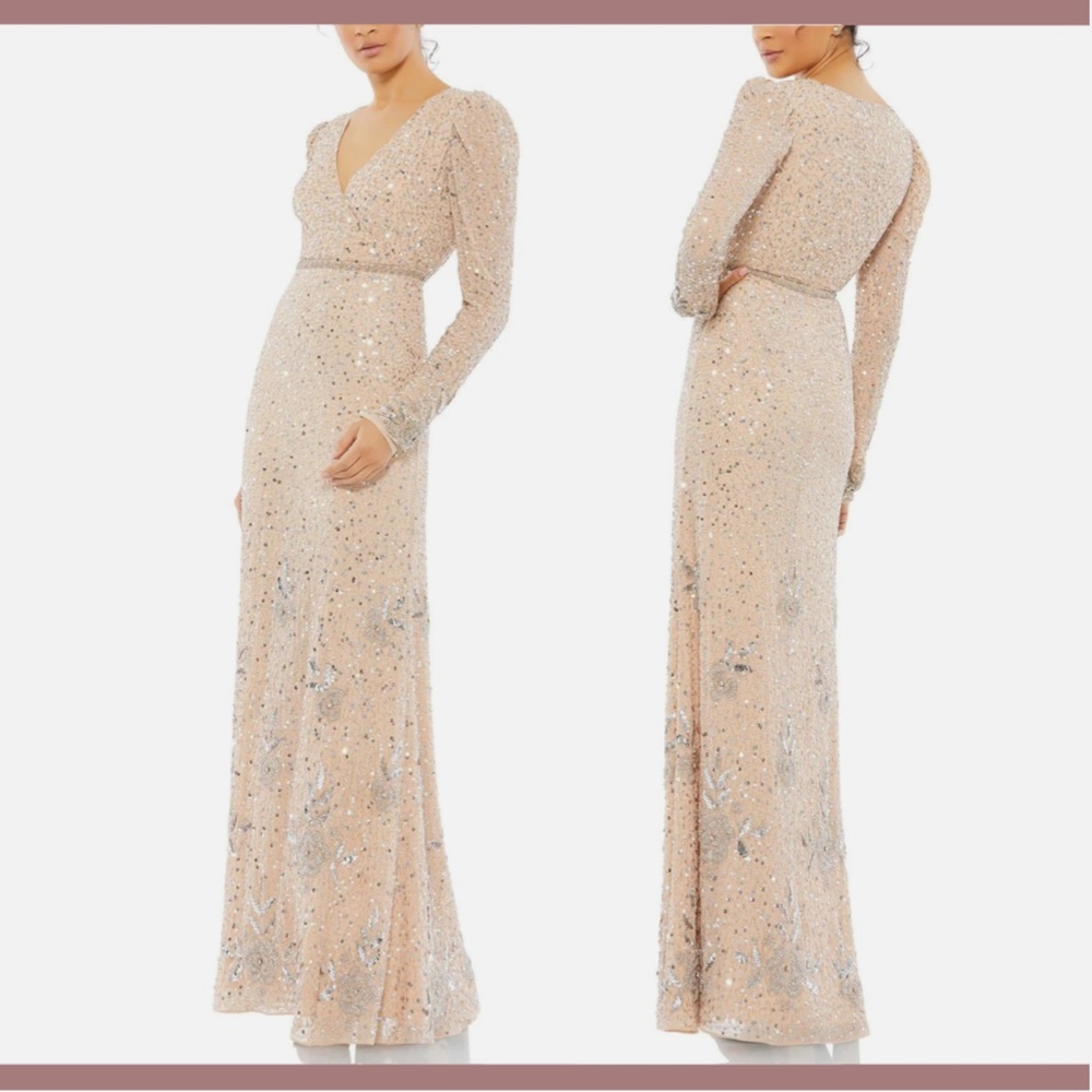 NEW $598 Mac Duggal [ 16 ] Sequin Floral Embellished Long Sleeve‎ Gown Nude - Picture 16 of 16